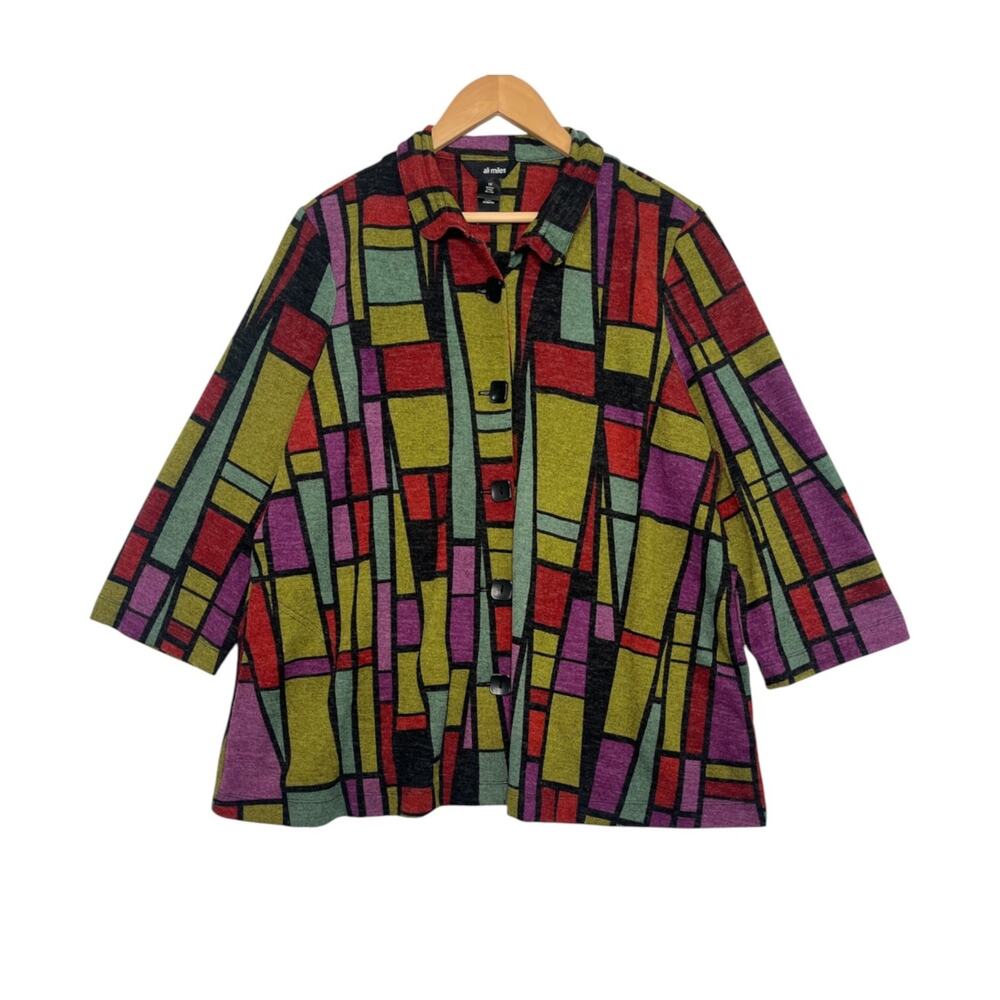 Ali Miles Cardigan Sweater Womens 1X Green Geometric Abstract Artsy Knit Jacket